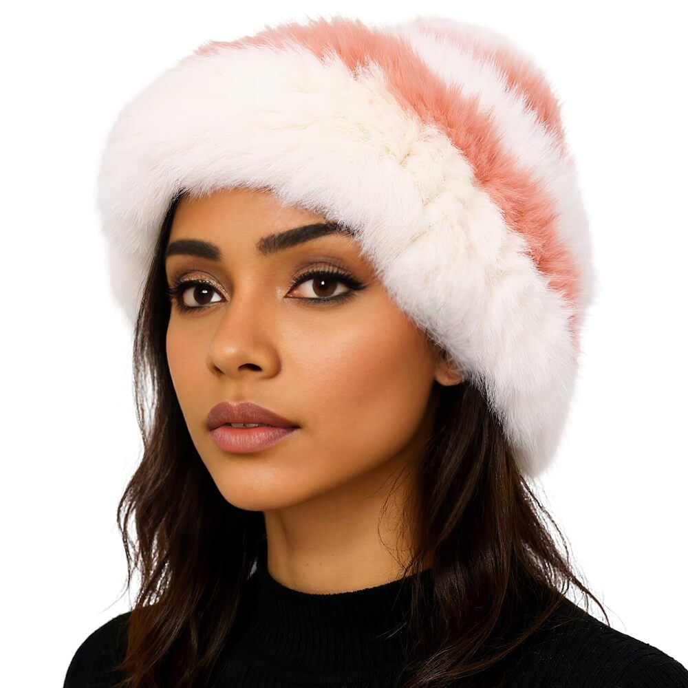 7290 Natural Rabbit Fur Hat Knitted Beanie Hat Elastic Warm Cap Furry Soft